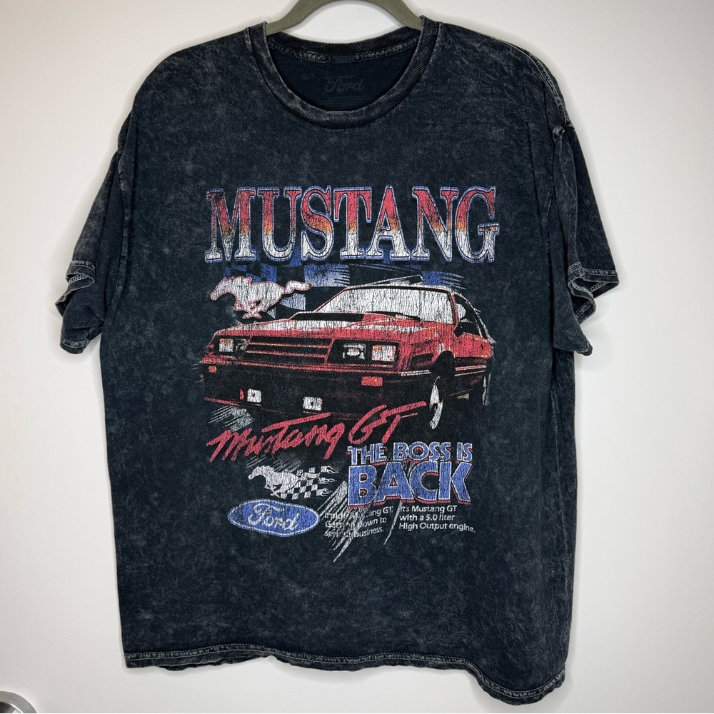 Vintage Ford Mustang Acid Wash T-Shirt XL Black Grey Muscle Car Graphic Tee